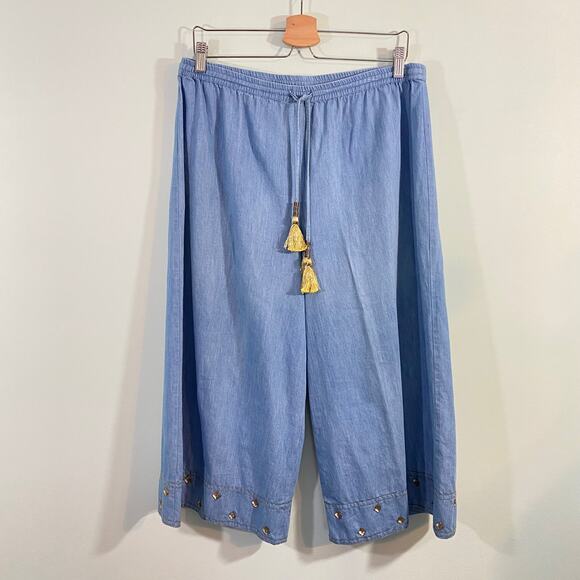 Nicole Miller Atelier Chambray Wide Leg Embellished Cropped Pants Size L - Picture 1 of 7